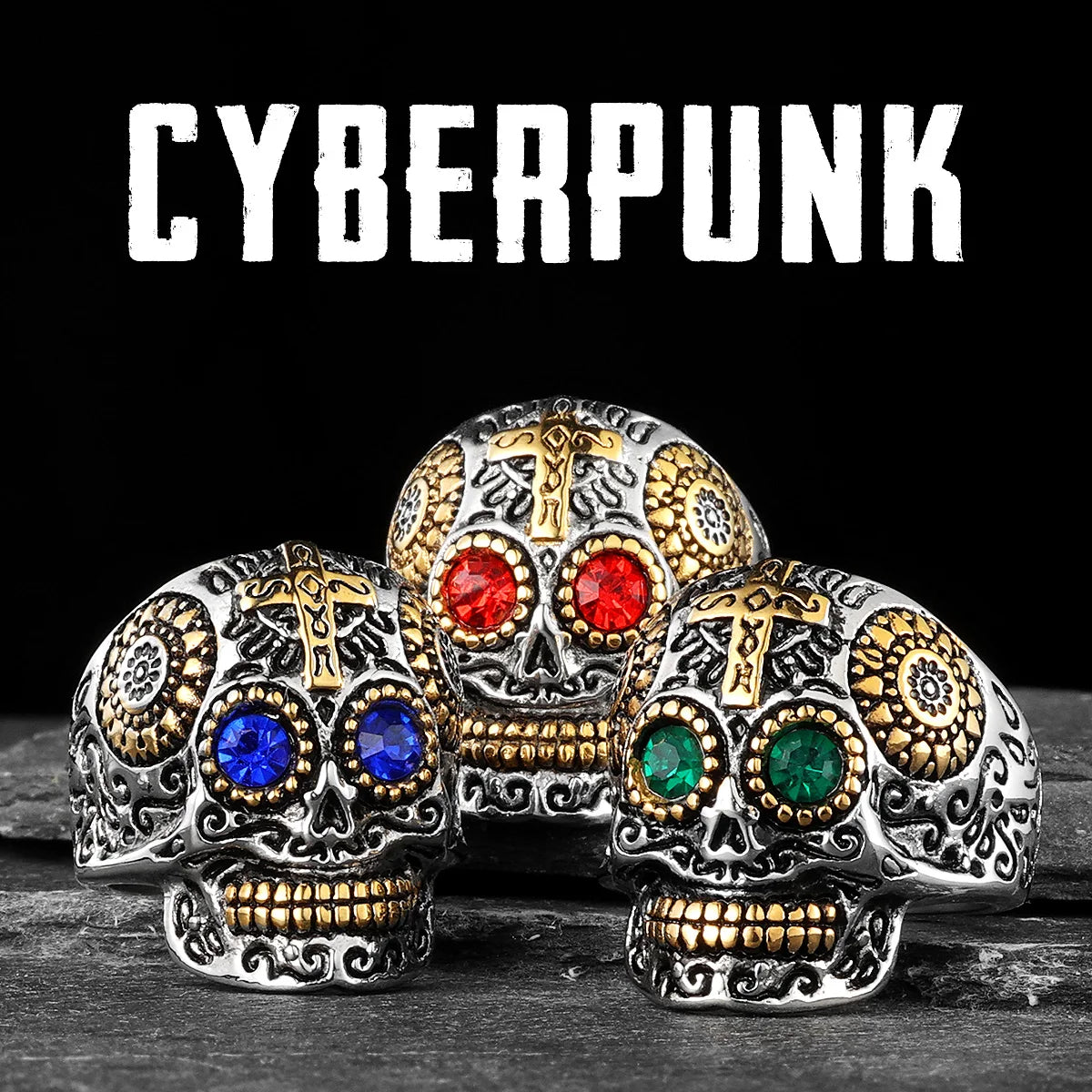 Cyberpunk Robot Carved Skull Rings