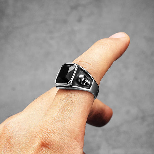 Square Black Stone Skull Signet Ring