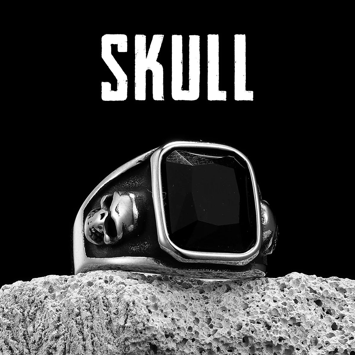 Square Black Stone Skull Signet Ring