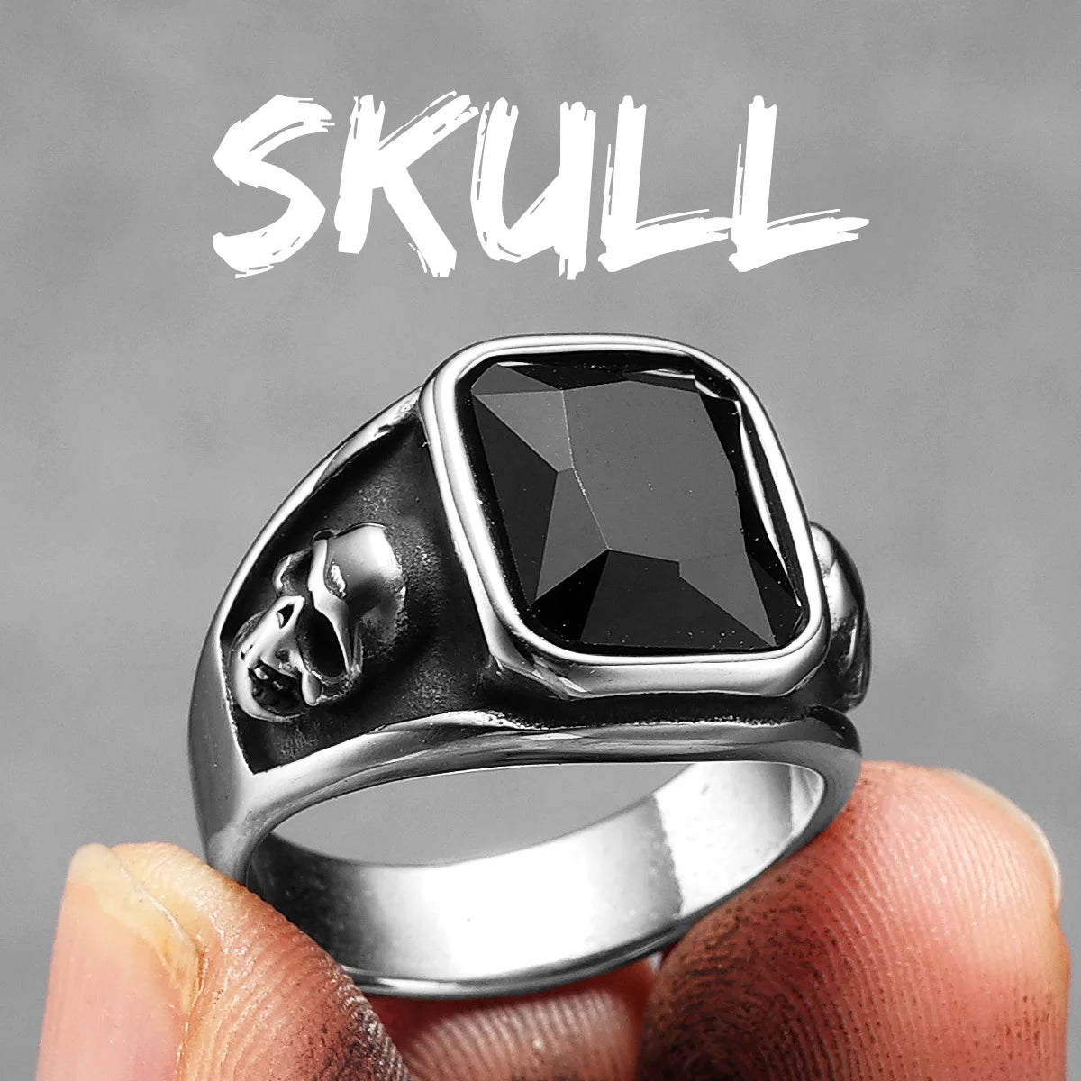Square Black Stone Skull Signet Ring