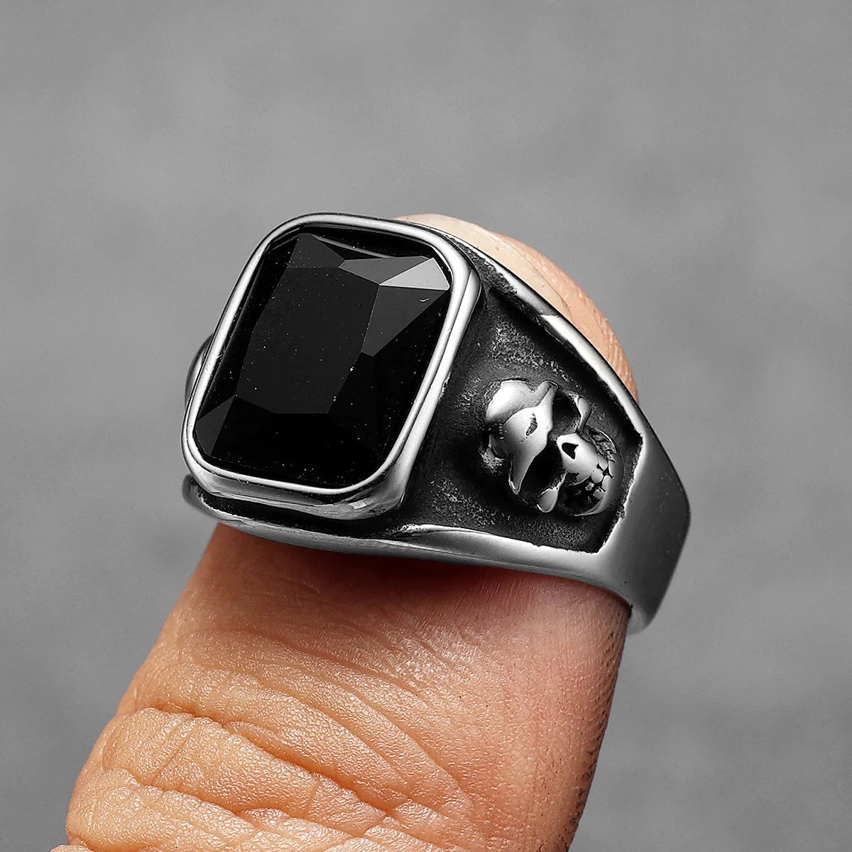 Square Black Stone Skull Signet Ring