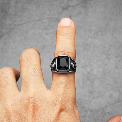 Square Black Stone Skull Signet Ring