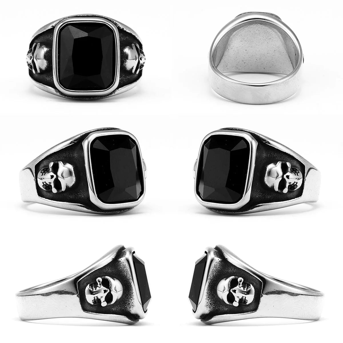 Square Black Stone Skull Signet Ring