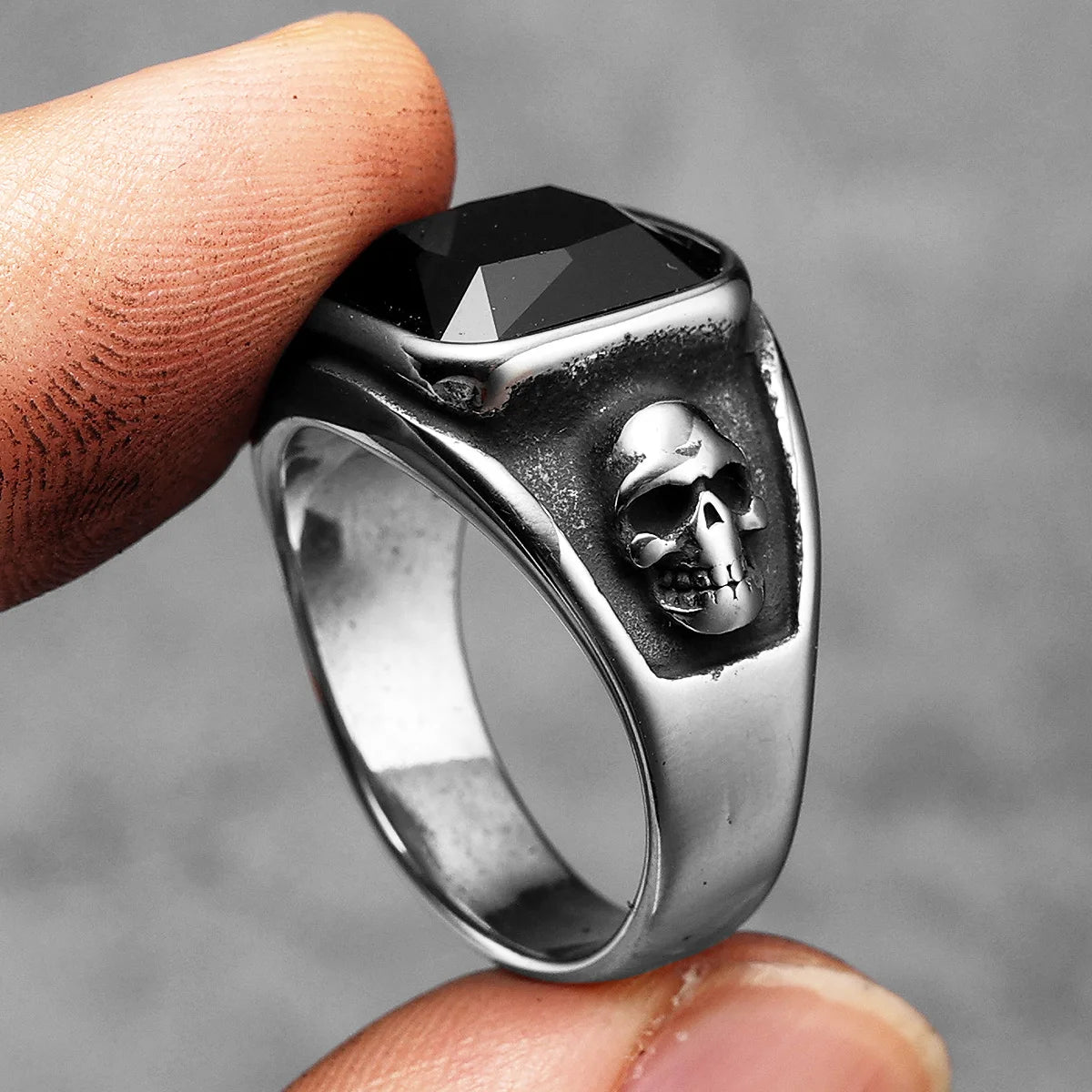 Square Black Stone Skull Signet Ring